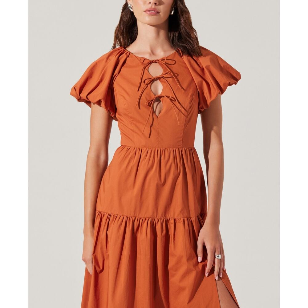 Astr the Label Aine Bow-Tie Puff-Sleeve Cotton Midi Dress Copper Medium - Picture 3 of 5